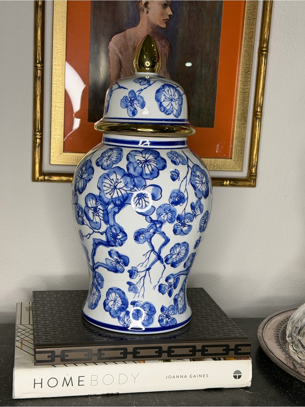 Large Blue and White Floral Porcelain Temple Jar with Gold Accent